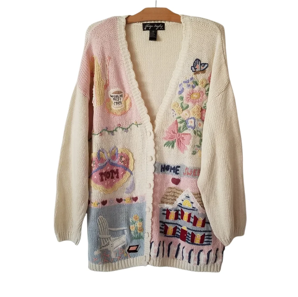 Vtg Gladys Bagley Granny Core Floral Embroidery Button Front Cardigan Sweater - Picture 1 of 12